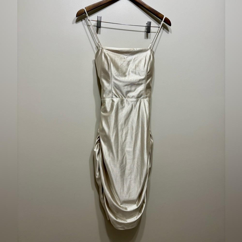 Next Up Lace Up Back Ruched Mini Dress Gold Shimmer Formal Size Medium - Picture 2 of 12